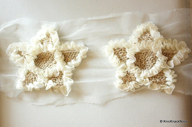 White And Beige Shabby Star Trim, Fabric Applique - 030315A175